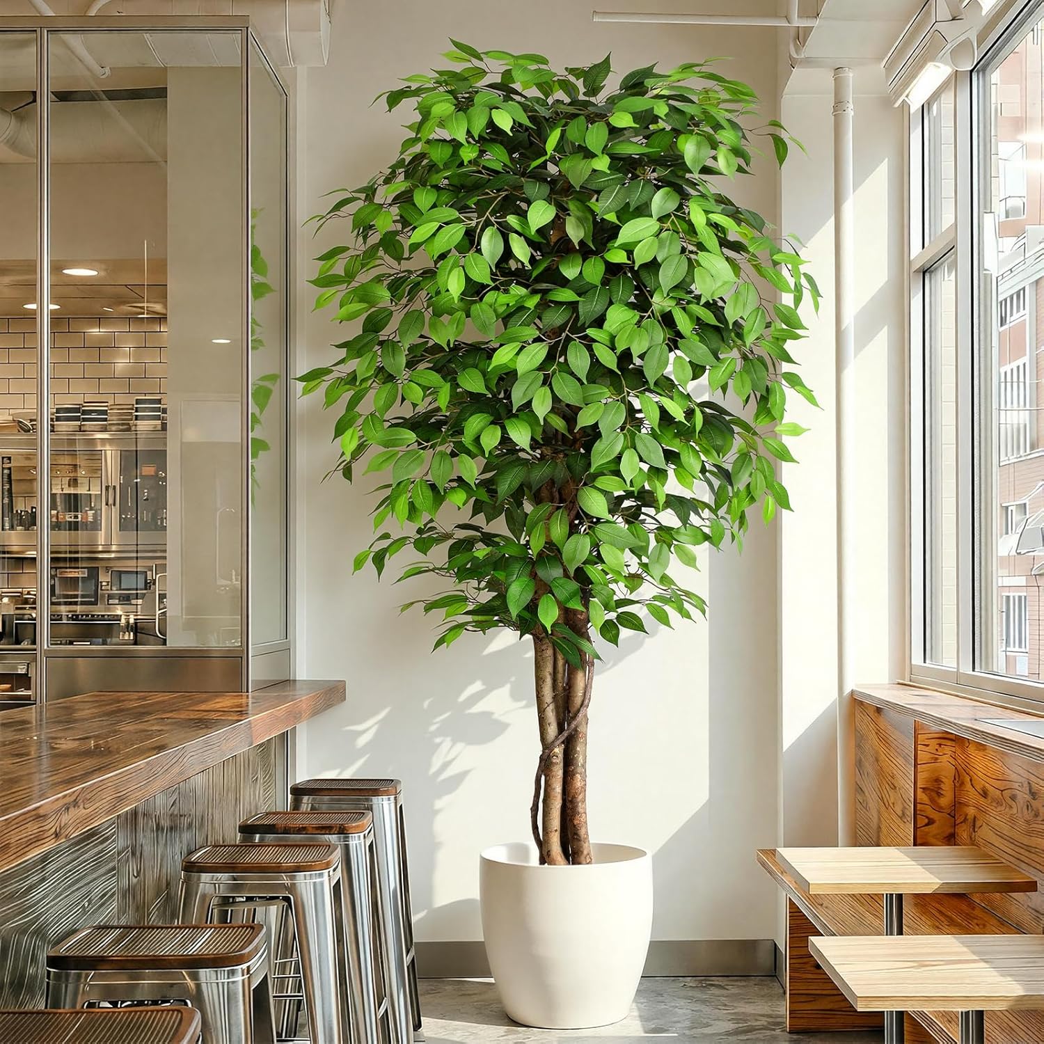 Ficus Lyrata Tree - ต้นไทรประดิษฐ์เสมือนจริงพร้อมลำต้นธรรมชาติและใบไม้เขียวชอุ่ม เหมาะสำหรับตกแต่งภายในบ้านและสำนักงานสมัยใหม่